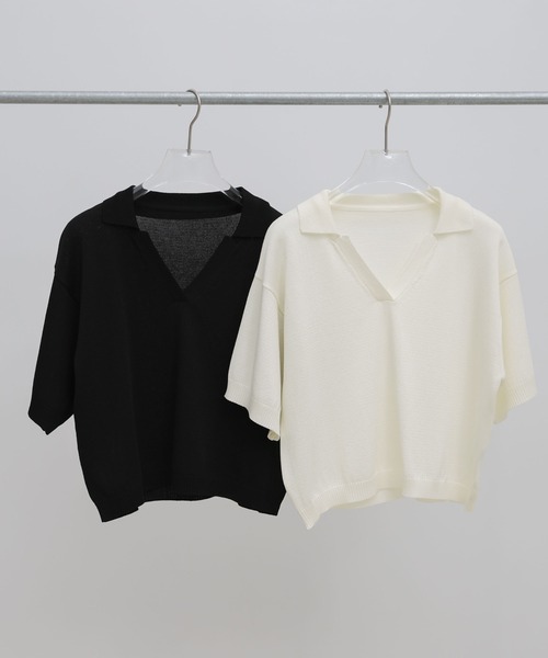 select MOCA(セレクトモカ)の「ハーフスリーブシルキースキッパーニット【セットアップ可】(ニット/セーター・レディース・ブラック/アイボリー・FREE)」の17枚目の写真