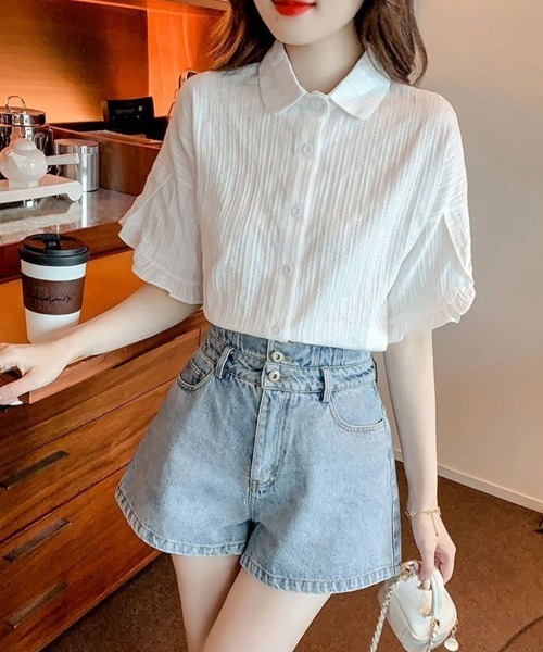 Flugge(フラッジー)の「半袖フリルレースシャツ(シャツ/ブラウス・レディース・ブルー/ホワイト・LARGE/MEDIUM)」の2枚目の写真