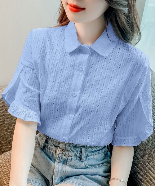 Flugge(フラッジー)の「半袖フリルレースシャツ(シャツ/ブラウス・レディース・ブルー/ホワイト・LARGE/MEDIUM)」の1枚目の写真