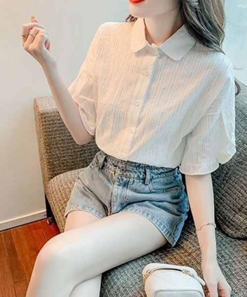 Flugge(フラッジー)の「半袖フリルレースシャツ(シャツ/ブラウス・レディース・ブルー/ホワイト・LARGE/MEDIUM)」の9枚目の写真