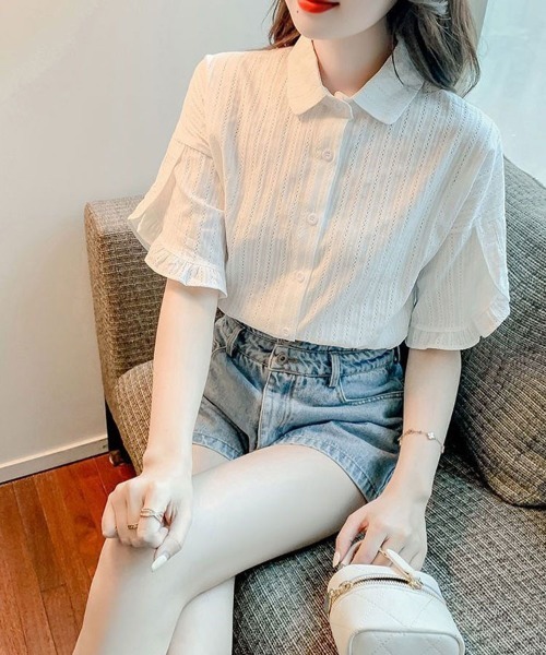 Flugge(フラッジー)の「半袖フリルレースシャツ(シャツ/ブラウス・レディース・ブルー/ホワイト・LARGE/MEDIUM)」の11枚目の写真