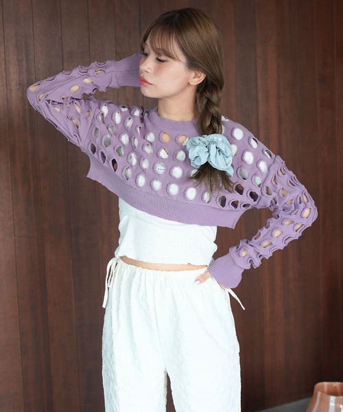 SANSeLF(サンセルフ)の「【SANSeLF】クラッシュホールクロップドトップス saw26s094(その他トップス・レディース・パープル・FREE)」の1枚目の写真
