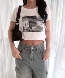 フォトコラージュプリントショート丈半袖Tシャツ