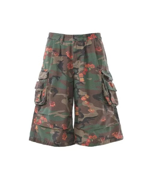 FreeZone(フリーゾーン)の「フラワーカモ柄ワイドカーゴハーフパンツ(カーゴパンツ・メンズ・グリーン・S/L/M)」の5枚目の写真