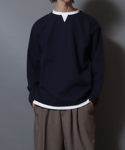 ANPAS(アンパス)の「Heather Brushed Key-Neck Fake Layered Long-Sleeve Tee / 杢起毛キーネックフェイクレイヤードロンT カットソー メンズ トップス 秋冬(Tシャツ/カットソー・メンズ・ブラック/チャコール/ベージュ/ネイビー・LL/L/M)」の11枚目の写真