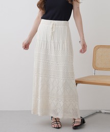 7G麻タッチ透かし編みスカート ペチコート付き