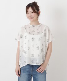 綿麻 手書き風花柄プリントブラウス