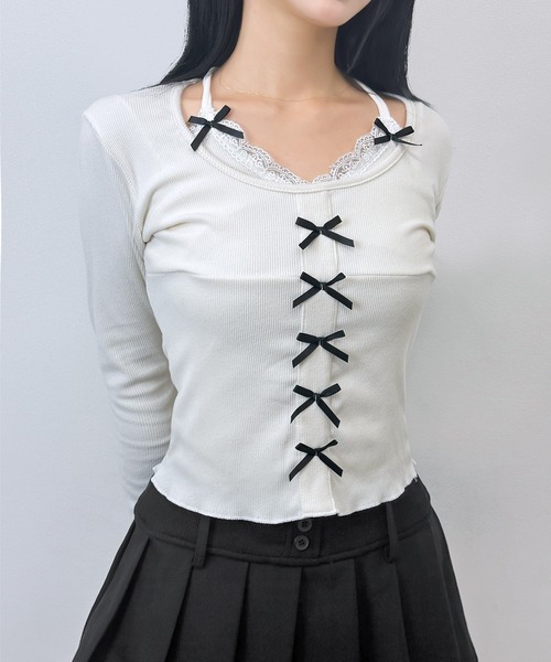 FOLLOWIN(フォロウィン)の「レースレイヤードミニリボンリブトップス(Tシャツ/カットソー・レディース・アイボリー・FREE)」の3枚目の写真