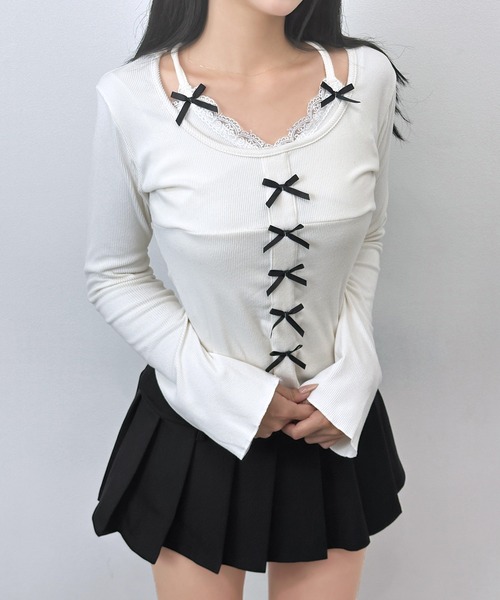 FOLLOWIN(フォロウィン)の「レースレイヤードミニリボンリブトップス(Tシャツ/カットソー・レディース・アイボリー・FREE)」の4枚目の写真