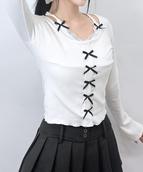 FOLLOWIN(フォロウィン)の「レースレイヤードミニリボンリブトップス(Tシャツ/カットソー・レディース・アイボリー・FREE)」の5枚目の写真