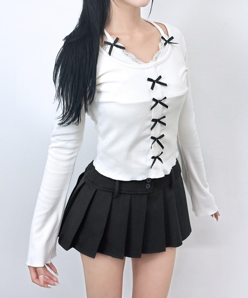 FOLLOWIN(フォロウィン)の「レースレイヤードミニリボンリブトップス(Tシャツ/カットソー・レディース・アイボリー・FREE)」の6枚目の写真