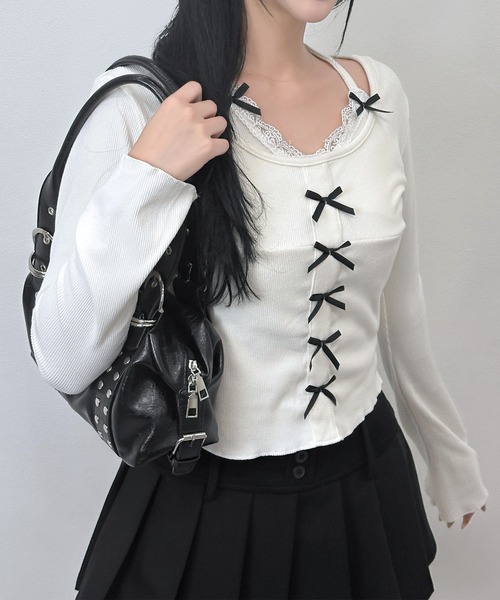 FOLLOWIN(フォロウィン)の「レースレイヤードミニリボンリブトップス(Tシャツ/カットソー・レディース・アイボリー・FREE)」の10枚目の写真