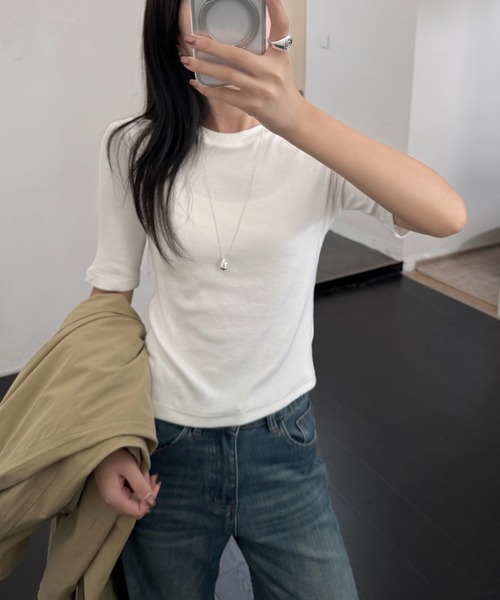 CHUN CHUN NOTES(チュンチュンノーツ)の「26AW/ベーシック5分袖ストレッチカットソー(Tシャツ/カットソー・レディース・グレー/ブラック/ホワイト・M)」の14枚目の写真