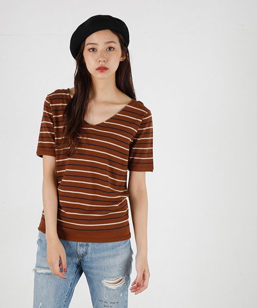 MOUSSY(マウジー)の「Panel border knit tee(Tシャツ/カットソー・レディース・ブラック系その他/ホワイト系その他/キャメル・FREE)」の3枚目の写真