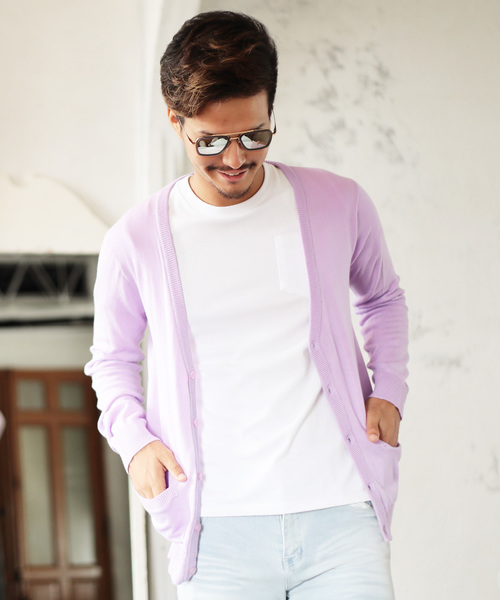 jiggys shop（ジギーズショップ）の「コットン カラー ニット カーディガン（カーディガン/ボレロ・メンズ・ブラック系その他/杢グレー/レッド/ブラック/ネイビー/ブルー系その他/グリーン/ミックスグレー/ブラウン系その他/グレー/ラベンダー/インディゴブルー/ピンク/サックスブルー/ブルー系その他3/ブラック系その他2/ピンク系その他/オレンジ/ブルー系その他2/ワイン/ブルー系その他4/ベージュ系その他3/ブラウン系その他2/ベージュ系その他2/ブルー系その他5/グレイッシュベージュ・MEDIUM/X-LARGE/LARGE/SMALL）」の21枚目の写真