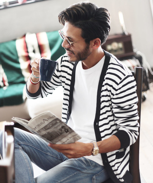 jiggys shop（ジギーズショップ）の「コットン カラー ニット カーディガン（カーディガン/ボレロ・メンズ・ブラック系その他/杢グレー/レッド/ブラック/ネイビー/ブルー系その他/グリーン/ミックスグレー/ブラウン系その他/グレー/ラベンダー/インディゴブルー/ピンク/サックスブルー/ブルー系その他3/ブラック系その他2/ピンク系その他/オレンジ/ブルー系その他2/ワイン/ブルー系その他4/ベージュ系その他3/ブラウン系その他2/ベージュ系その他2/ブルー系その他5/グレイッシュベージュ・MEDIUM/X-LARGE/LARGE/SMALL）」の3枚目の写真