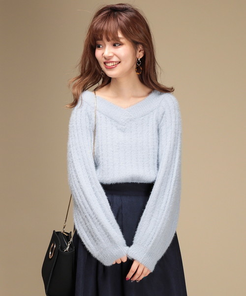 natural couture（ナチュラルクチュール）の「フェザーヤーンオフショルＶネック（ニット/セーター・レディース・ネイビー/サックスブルー/ピンク/アイボリー・FREE）」の11枚目の写真