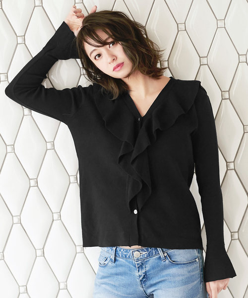 KOBE LETTUCE（コウベレタス）の「フロントフリルVネックニットカーディガン＊レディース/セーター[C3590]神戸レタス（カーディガン/ボレロ・レディース・ブラック/ブルー/ライトベージュ・FREE）」の7枚目の写真