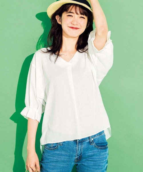 GeeRA(ジーラ)の「袖口タックデザインスキッパーブラウス(シャツ/ブラウス・レディース・イエロー/オフホワイト/その他/ラベンダー・SMALL/LARGE/X-LARGE/MEDIUM)」の1枚目の写真