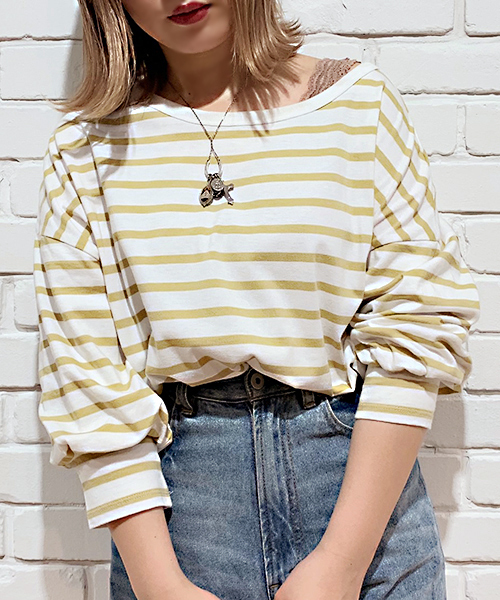 apres jour（アプレジュール）の「2WAYボリューム袖ボーダートップス【ZOZOTOWN限定アイテム】（Tシャツ/カットソー・レディース・ベージュ/サックスブルー/ライトグリーン/マスタード・フリー）」の7枚目の写真