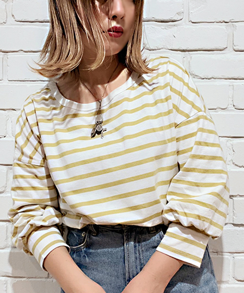 apres jour（アプレジュール）の「2WAYボリューム袖ボーダートップス【ZOZOTOWN限定アイテム】（Tシャツ/カットソー・レディース・ベージュ/サックスブルー/ライトグリーン/マスタード・フリー）」の9枚目の写真