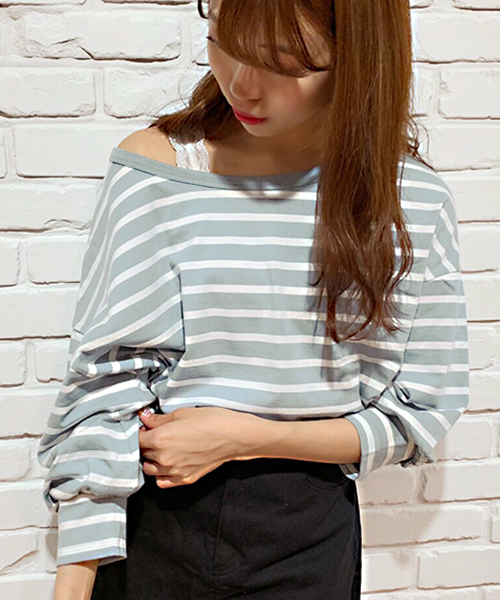 apres jour（アプレジュール）の「2WAYボリューム袖ボーダートップス【ZOZOTOWN限定アイテム】（Tシャツ/カットソー・レディース・ベージュ/サックスブルー/ライトグリーン/マスタード・フリー）」の12枚目の写真