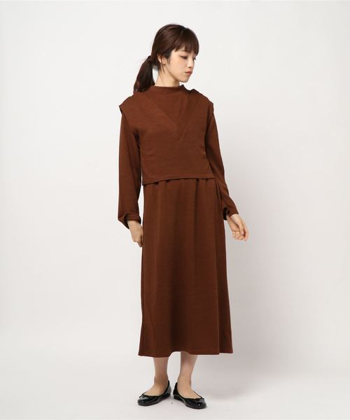 STYLEBLOCK（スタイルブロック）の「リブニットソーショートベストセット（ワンピース・レディース・アイボリー/ブラウン/ブラック/ブラウン系その他・M）」の8枚目の写真