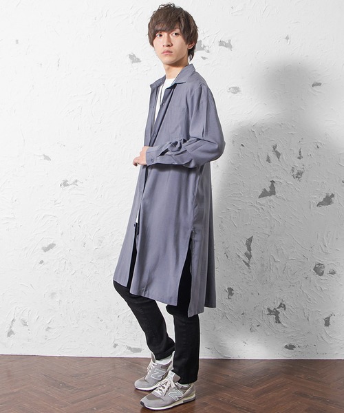 MinoriTY（マイノリティ）の「メンズ長袖サイドスリットロングシャツ（シャツ/ブラウス・メンズ・ベージュ/グレー/カーキ・M/L）」の4枚目の写真