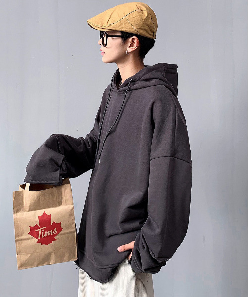 neos（ネオス）の「【neos -addictive design-】ビッグシルエット ミニ裏毛 ダメージ プルパーカー（パーカー・メンズ・グレー/レッド/ブルー/ピンク/パープル/ブラック/チャコールグレー/ホワイト・MEDIUM/LARGE/X-LARGE）」の4枚目の写真