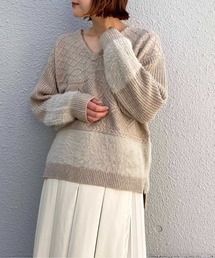 PICCIN | ケーブル+フェザーVネックニット(ニット/セーター)