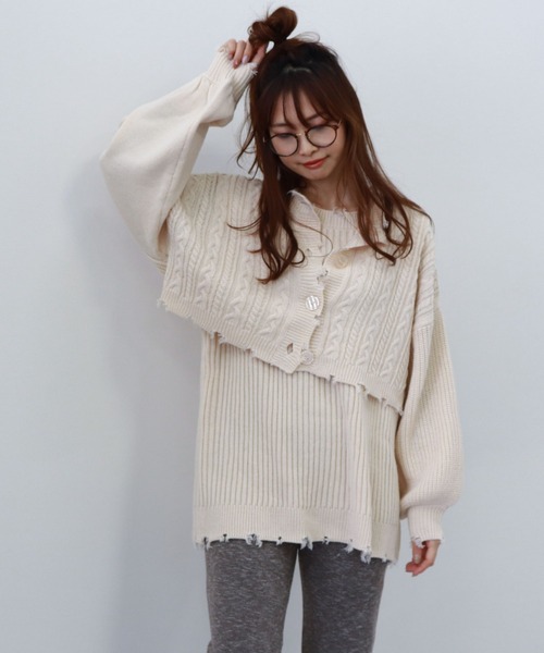 archives(アルシーヴ)の「ダメージ短丈カーディガンノースリセット(ニット/セーター・レディース・オフホワイト/ラベンダー/グリーン系その他/グレイッシュベージュ・MEDIUM)」の16枚目の写真