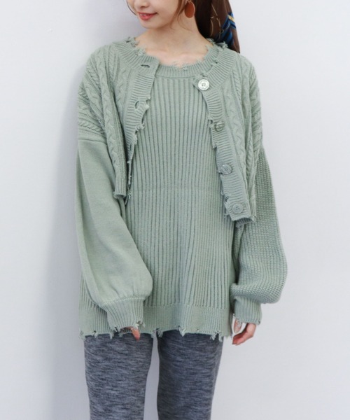 archives(アルシーヴ)の「ダメージ短丈カーディガンノースリセット(ニット/セーター・レディース・オフホワイト/ラベンダー/グリーン系その他/グレイッシュベージュ・MEDIUM)」の14枚目の写真