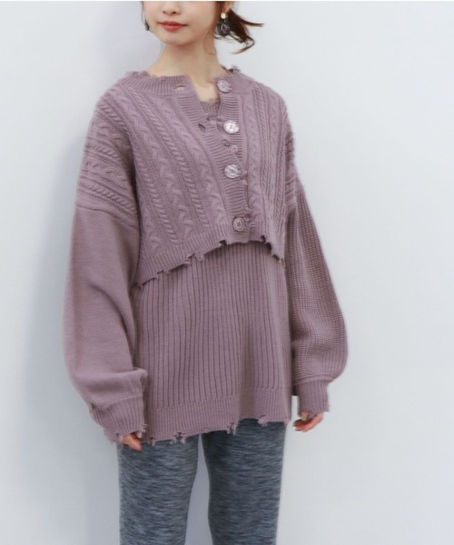 archives(アルシーヴ)の「ダメージ短丈カーディガンノースリセット(ニット/セーター・レディース・オフホワイト/ラベンダー/グリーン系その他/グレイッシュベージュ・MEDIUM)」の13枚目の写真