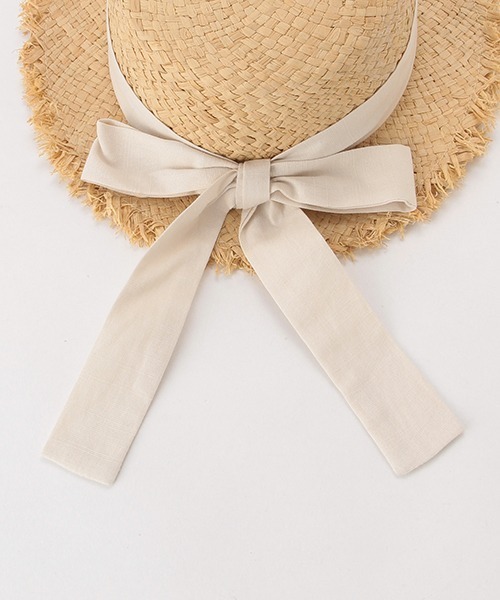 petit main(プティマイン)の「UVケア リボンつきラフィアカンカン帽(ハット・キッズ・アイボリー/ピンク・50㎝/52cm/54cm)」の5枚目の写真