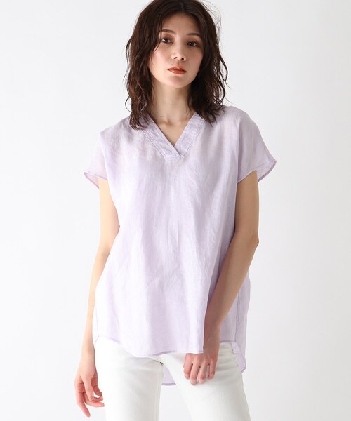 JET（ジェット）の「◆【ウォッシャブル】フレンチリネンVネック半袖ブラウス（シャツ/ブラウス・レディース・ホワイト/チャコールグレー/ベージュ/レモンイエロー/パープル系4・80/04）」の4枚目の写真