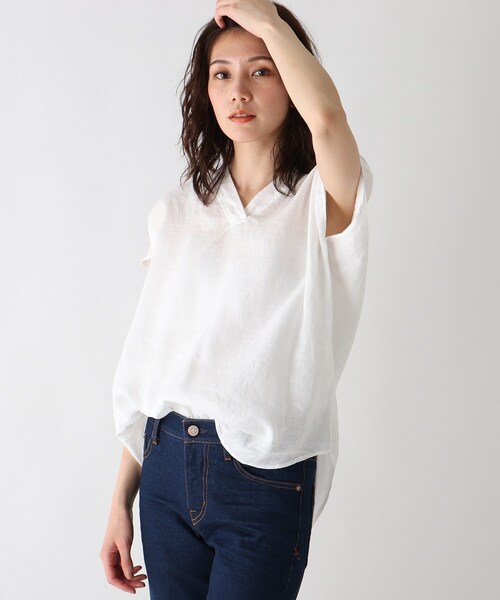 JET（ジェット）の「◆【ウォッシャブル】フレンチリネンVネック半袖ブラウス（シャツ/ブラウス・レディース・ホワイト/チャコールグレー/ベージュ/レモンイエロー/パープル系4・80/04）」の2枚目の写真