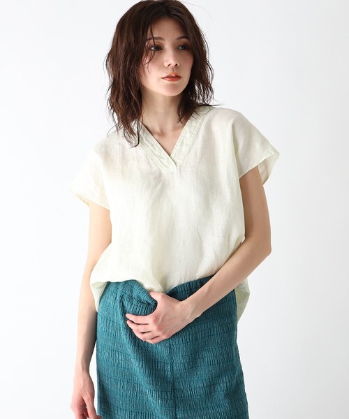 JET（ジェット）の「◆【ウォッシャブル】フレンチリネンVネック半袖ブラウス（シャツ/ブラウス・レディース・ホワイト/チャコールグレー/ベージュ/レモンイエロー/パープル系4・80/04）」の5枚目の写真