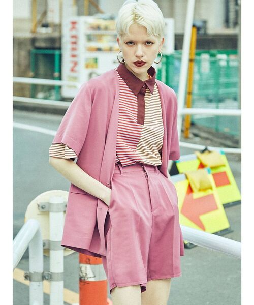 ノーカラージャケット ピンク ルーズフィット　両面 ノーカラージャケット ピンク ルーズフィット 両面 ノーカラー