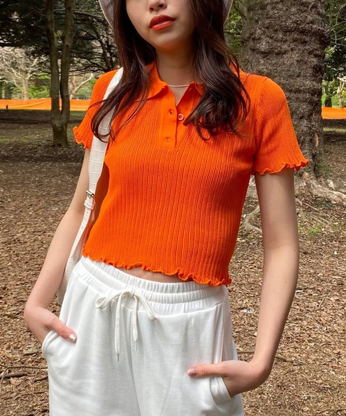 WEGO(ウィゴー)の「WEGO/ニットメッシュ半袖ポロシャツ(ポロシャツ・レディース・ホワイト/ブラック/サックスブルー/オレンジ・FREE)」の4枚目の写真