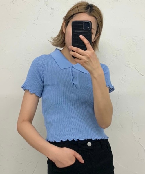 WEGO(ウィゴー)の「WEGO/ニットメッシュ半袖ポロシャツ(ポロシャツ・レディース・ホワイト/ブラック/サックスブルー/オレンジ・FREE)」の10枚目の写真