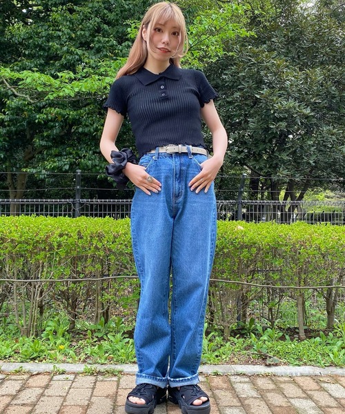 WEGO(ウィゴー)の「WEGO/ニットメッシュ半袖ポロシャツ(ポロシャツ・レディース・ホワイト/ブラック/サックスブルー/オレンジ・FREE)」の5枚目の写真