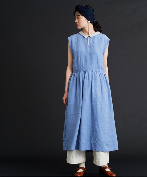 Malle(マル)の「malle 60/-Linen ワークエプロンドレス(ワンピース・レディース・サックスブルー/ボルドー/キナリ・FREE)」の10枚目の写真