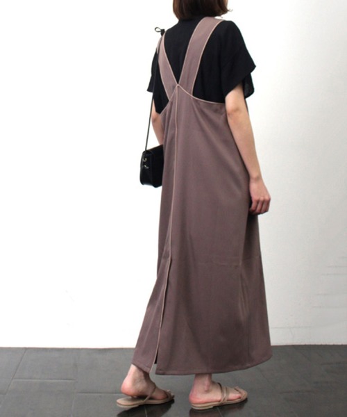 STYLEBLOCK(スタイルブロック)の「ツイルVネックコード配色ワンピース(ワンピース・レディース・モカ/ブラック/アイボリー/グリーン・M)」の9枚目の写真