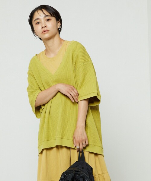 FREAK'S STORE(フリークスストア)の「ダメージワッフルVネックTシャツ(Tシャツ/カットソー・レディース・ピンク/ブラック/オフホワイト/ブルーグリーン・フリ-)」の1枚目の写真