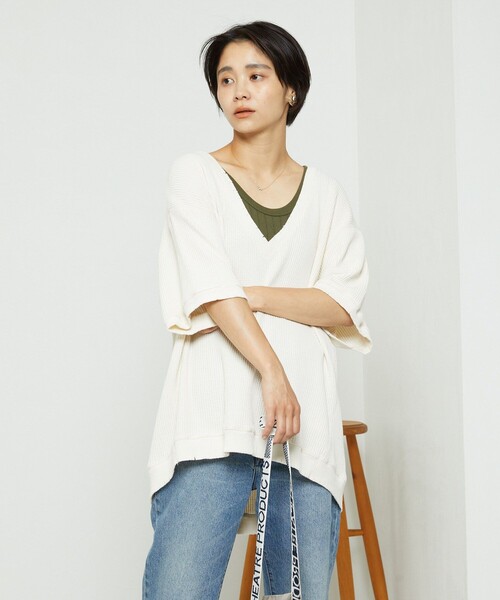 FREAK'S STORE(フリークスストア)の「ダメージワッフルVネックTシャツ(Tシャツ/カットソー・レディース・ピンク/ブラック/オフホワイト/ブルーグリーン・フリ-)」の9枚目の写真