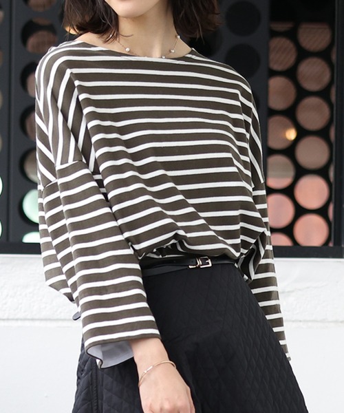 un dix cors（アンディコール）の「アレンジ自在で着回ししやすい　2way袖フリルボーダーカットソー（Tシャツ/カットソー・レディース・ネイビー/カーキ/ブラウン系その他・FREE）」の2枚目の写真