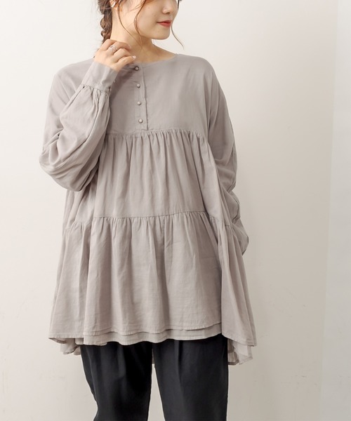 PUAL CE CIN（ピュアルセシン）の「強撚コットン2重プルオーバーブラウス（シャツ/ブラウス・レディース・チャコールグレー/ブラック/ピンク/イエロー/グレイッシュベージュ・FREE）」の12枚目の写真