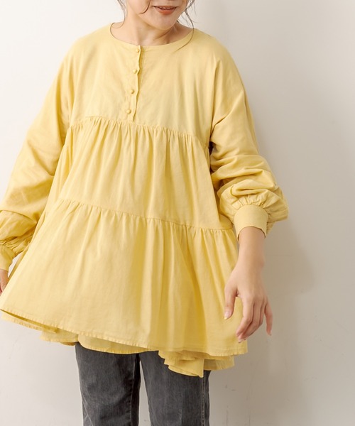 PUAL CE CIN（ピュアルセシン）の「強撚コットン2重プルオーバーブラウス（シャツ/ブラウス・レディース・チャコールグレー/ブラック/ピンク/イエロー/グレイッシュベージュ・FREE）」の9枚目の写真