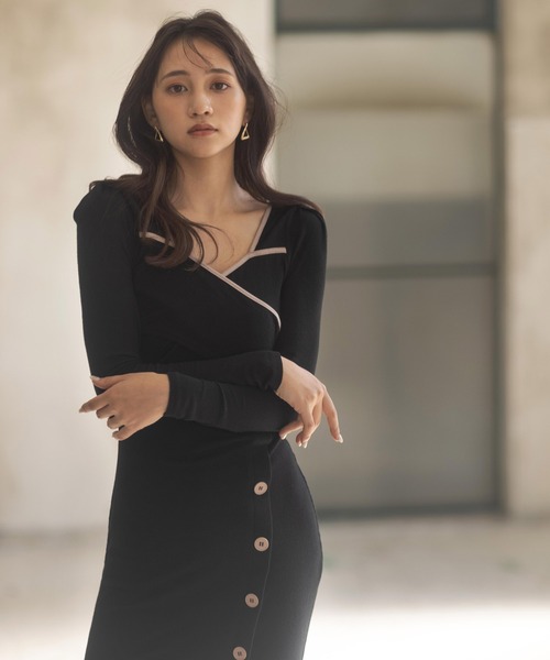 ROYAL PARTY(ロイヤルパーティー)の「【丈が選べる】パイピングカシュクールタイトワンピース(ワンピース・レディース・ブラック/グリーン/ベージュ・FREE/SHORT)」の21枚目の写真