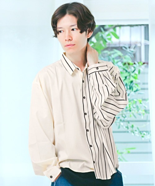 LUXSTYLE(ラグスタイル)の「無地×ストライプ切替アシンメトリー長袖ビッグシャツ(シャツ/ブラウス・メンズ・ホワイト/ブラック・M/L)」の1枚目の写真